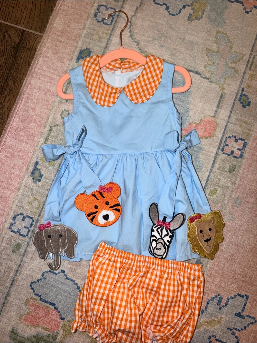Children's Light Blue & Orange Gingham Matching Set- zoo animals